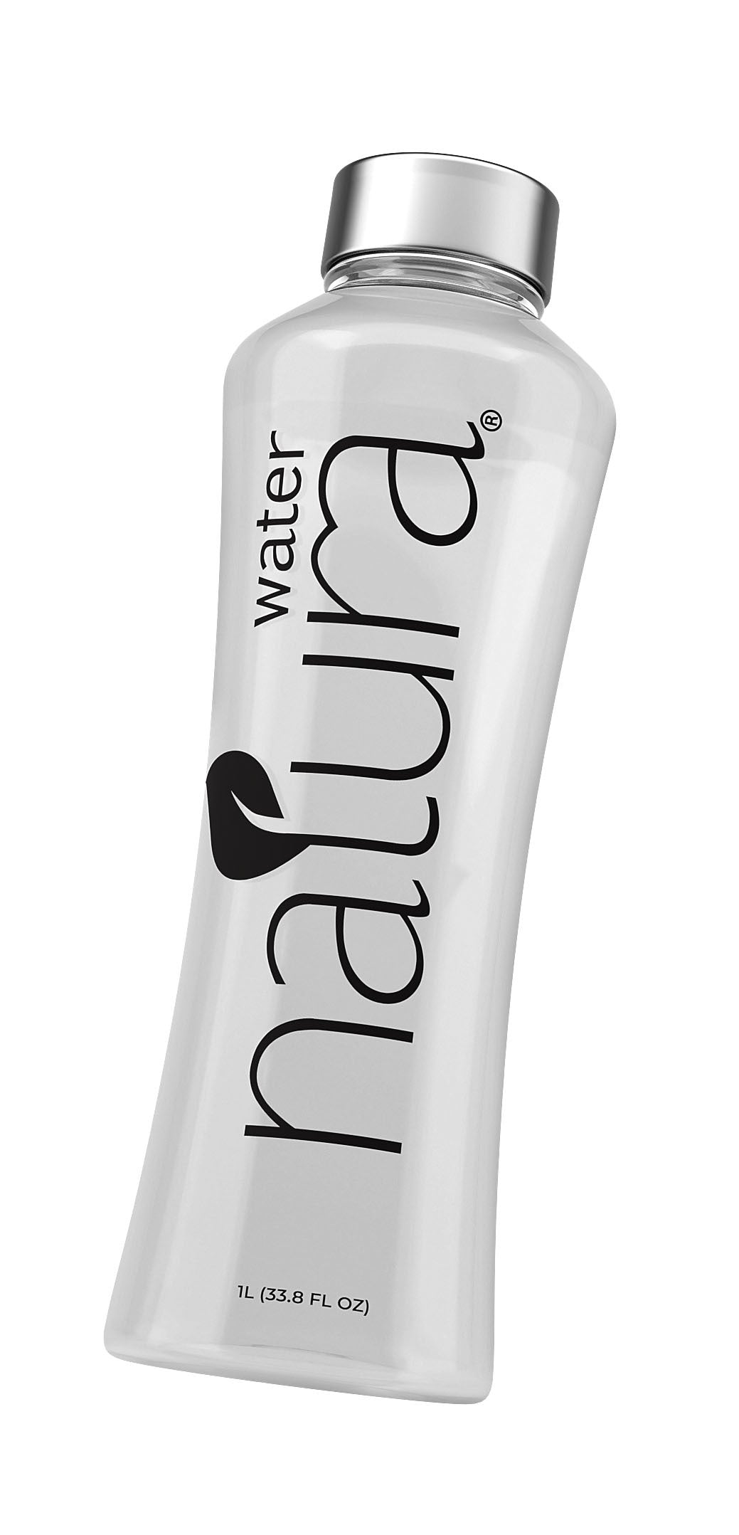 Clear Natura 1-liter glass bottle with black logo and screw cap